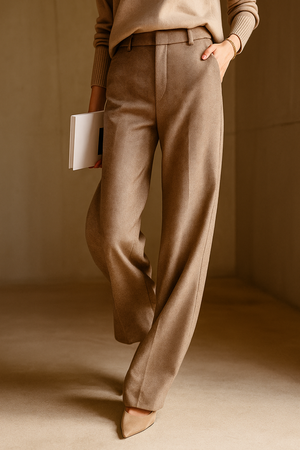 Vilma Wool Herringbone Pants – High-Waist Straight-Leg Winter Trousers