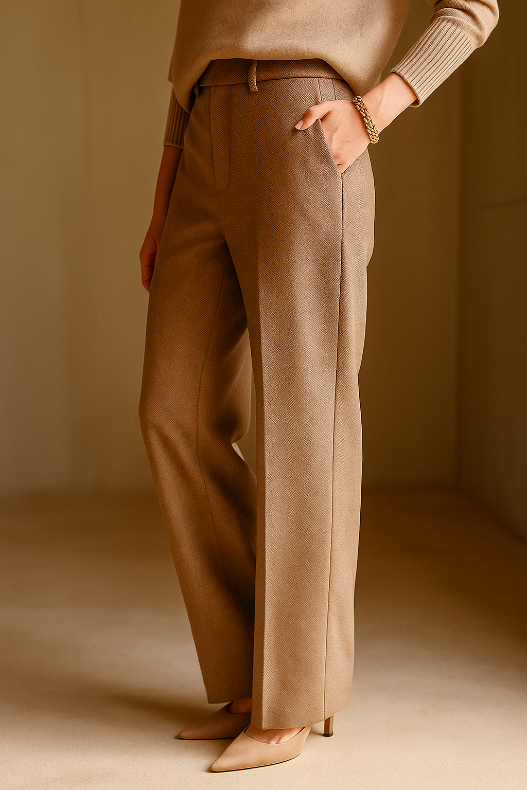 Vilma Wool Herringbone Pants – High-Waist Straight-Leg Winter Trousers