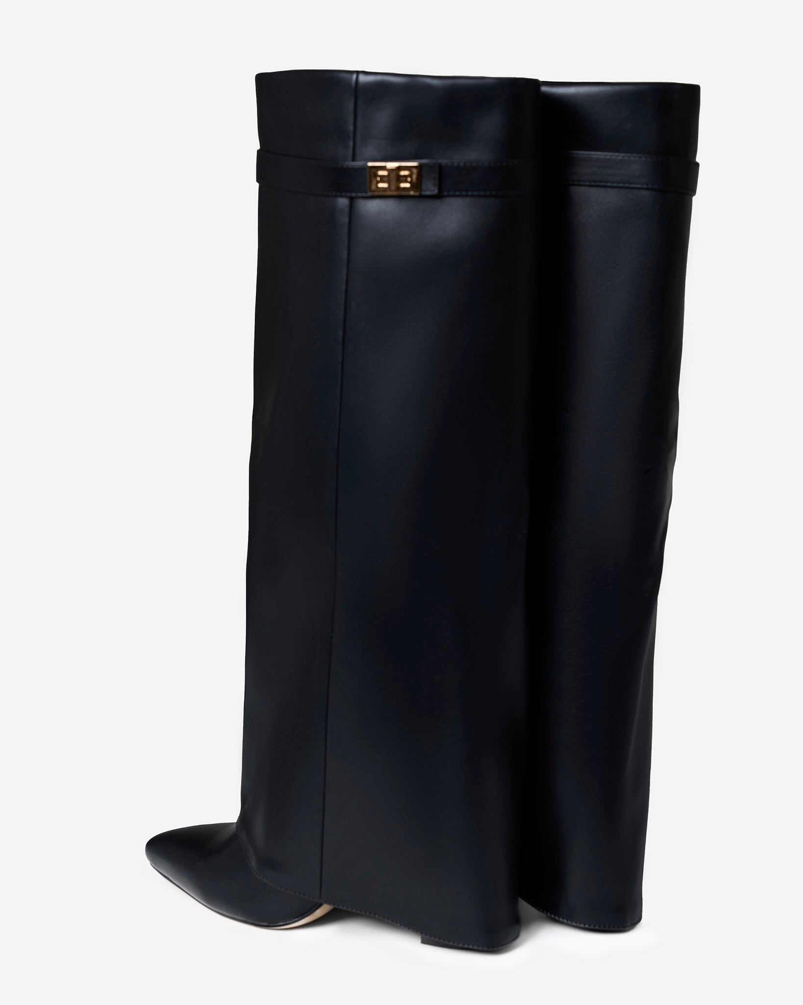 Side view of black knee-high leather riding boots featuring a pointed toe, smooth leather upper, and low block heel.