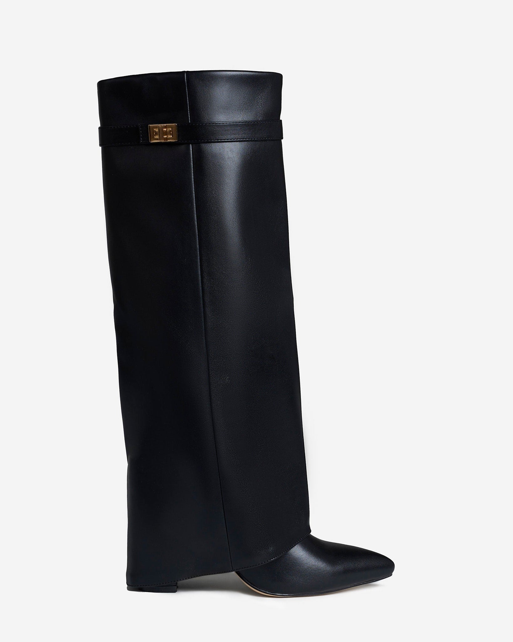 Black knee-high leather riding boots with a pointed toe, side zipper, and low block heel displayed on a white background.