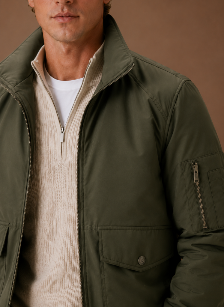 Close-up of an olive green utility bomber jacket featuring a stand collar, flap pockets, and sleeve zip pocket.