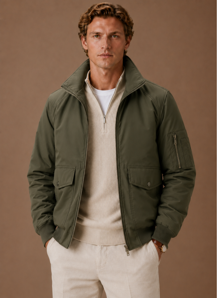 Man wearing an olive green utility bomber jacket over a cream knit sweater with light-colored trousers.