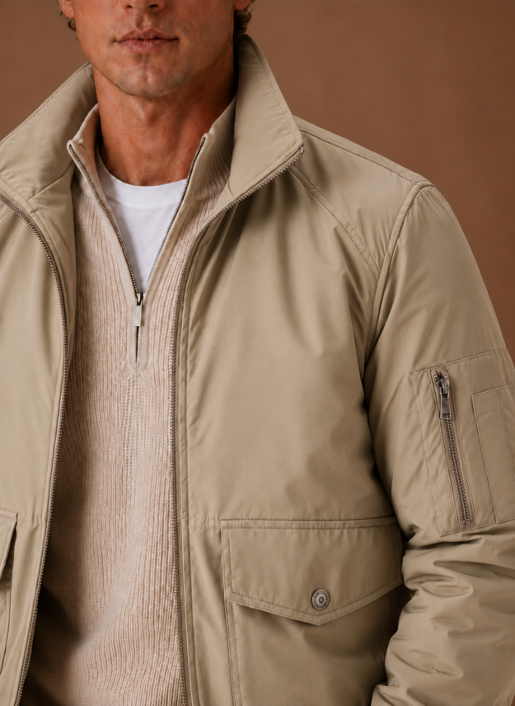 Front view of a man wearing a khaki zip-up utility jacket featuring flap pockets, a stand collar, and an arm zip pocket.