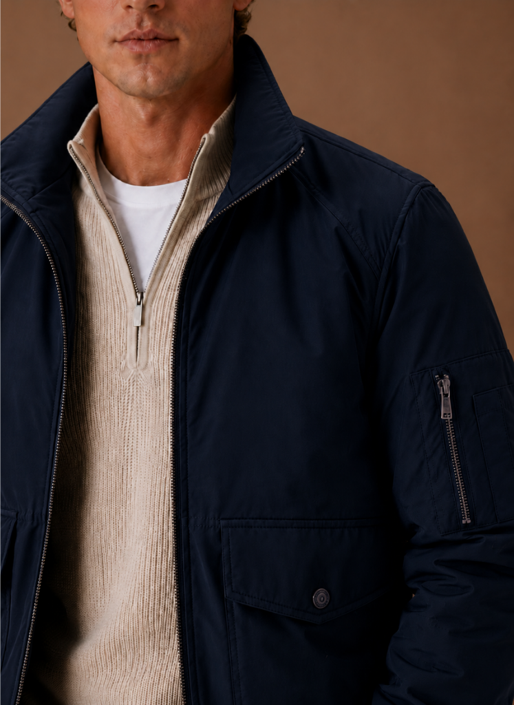 Close-up of a man wearing a navy utility bomber jacket with a stand collar, zip closure, and flap pockets.