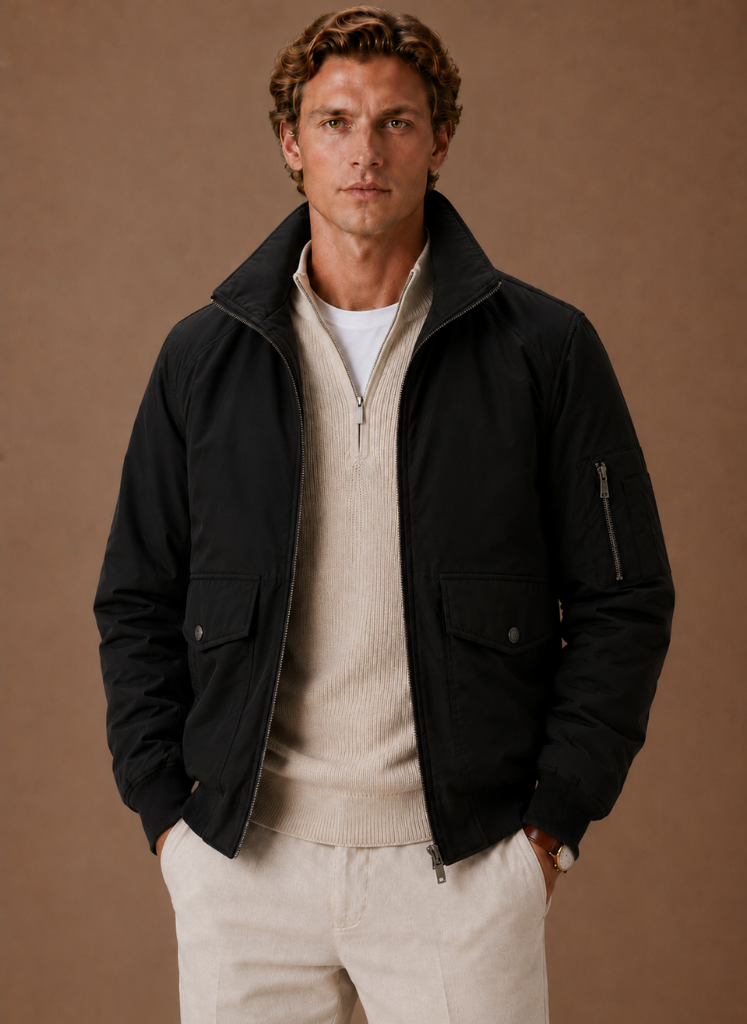 Man wearing a black utility bomber jacket with a stand collar, flap pockets, and zip-front closure.