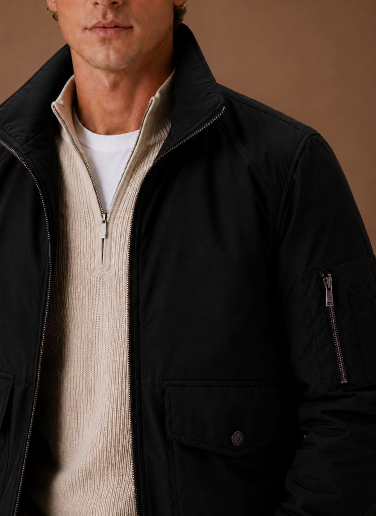 Close-up of a black utility bomber jacket highlighting the stand collar, front zipper, and flap pockets.
