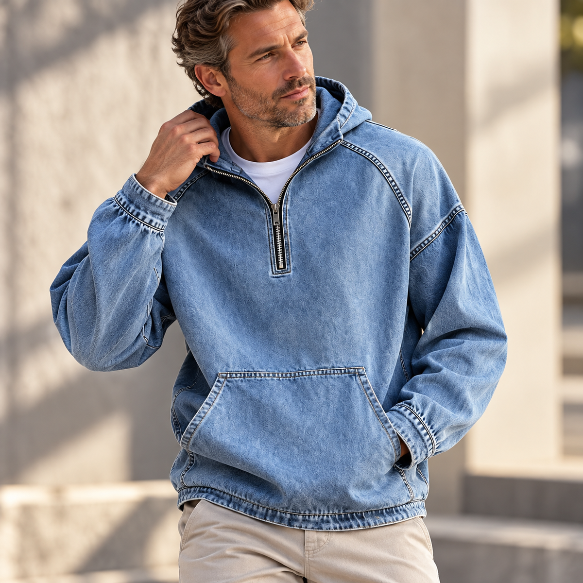 Blue washed half-zip hoodie worn by a male model, featuring raglan sleeves and a kangaroo pocket.