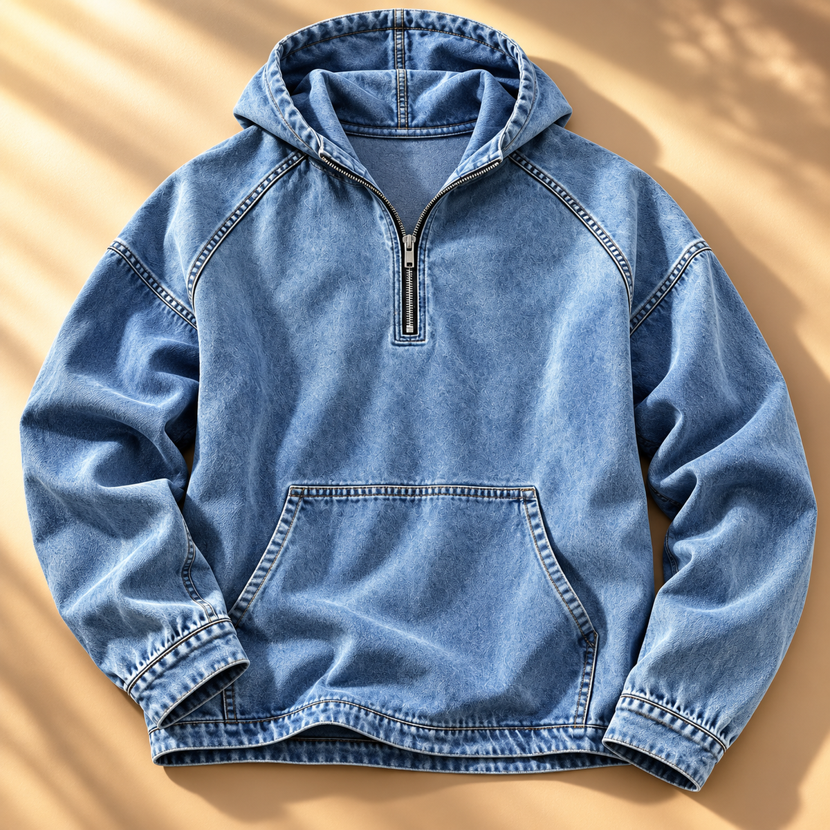 Blue washed half-zip hoodie shown from the front with contrast topstitching and kangaroo pocket.