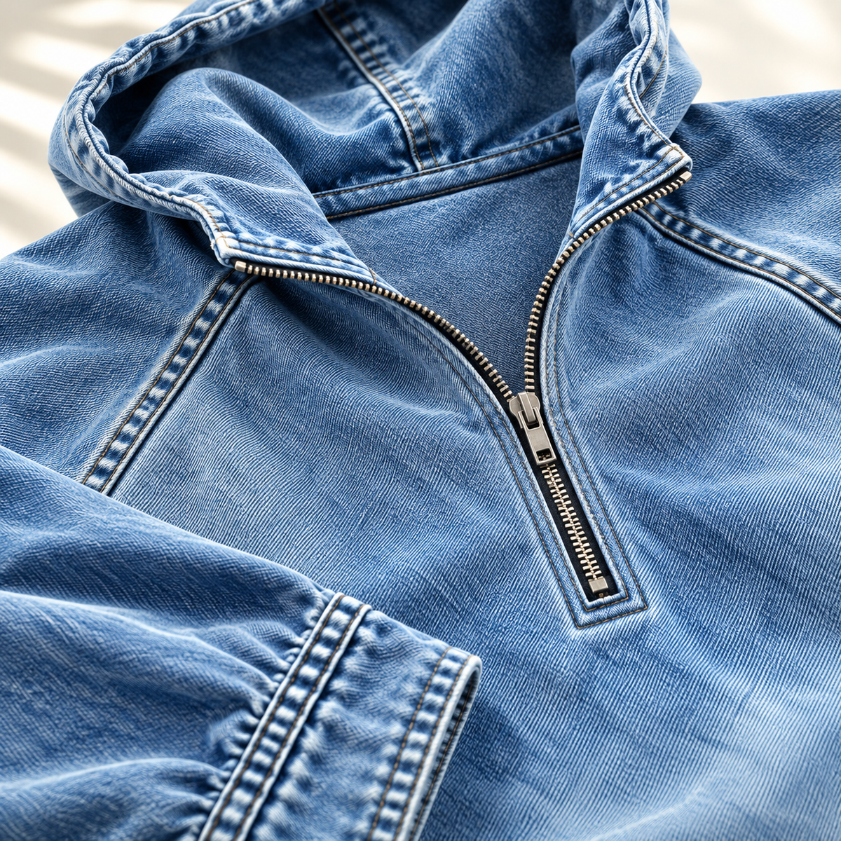 Close-up of the blue hoodie showing the half-zip collar, raglan seam, and contrast topstitching.