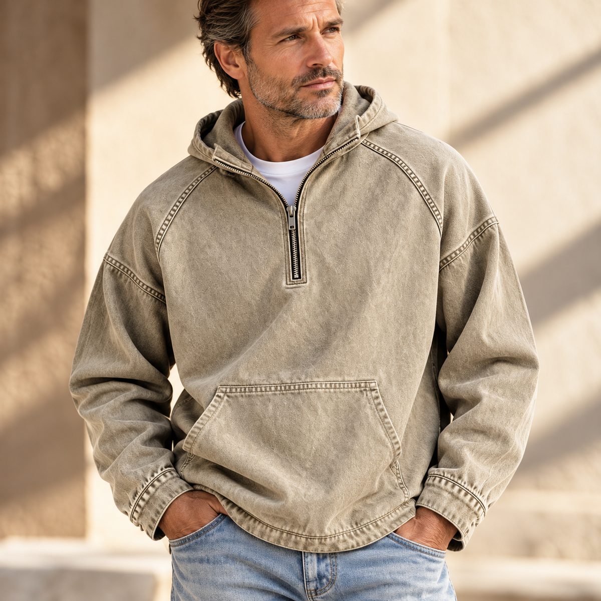 Beige washed half-zip hoodie worn by a male model, featuring raglan sleeves, contrast topstitching, and a kangaroo pocket.