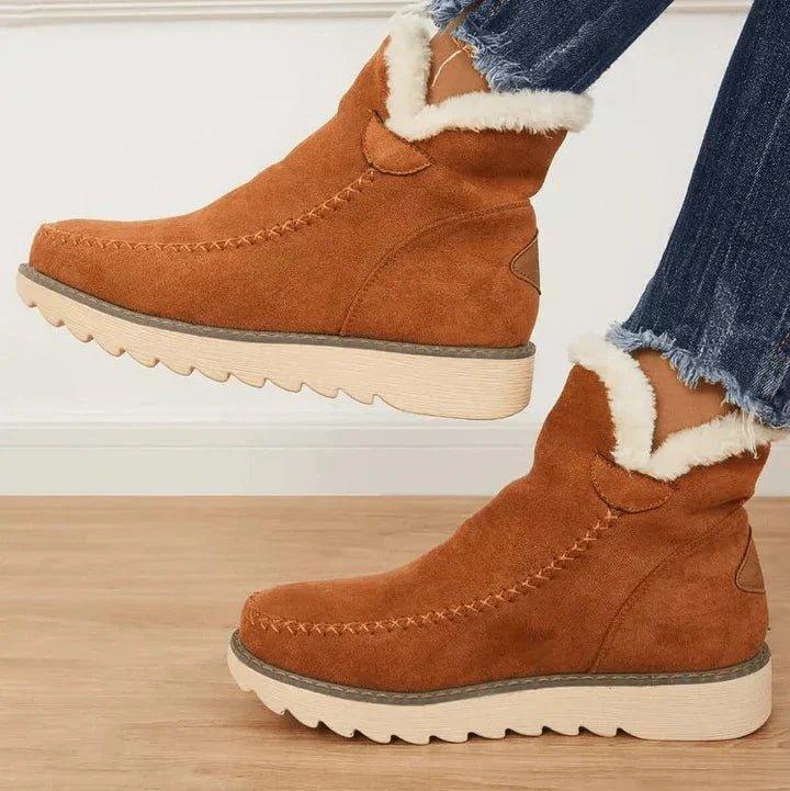 Brown water-repellent suede ankle boots for women with fleece lining and whipstitched moc toe seams