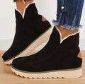 Black suede moc toe ankle boots for women with fleece-lined collar and treaded non-slip sole