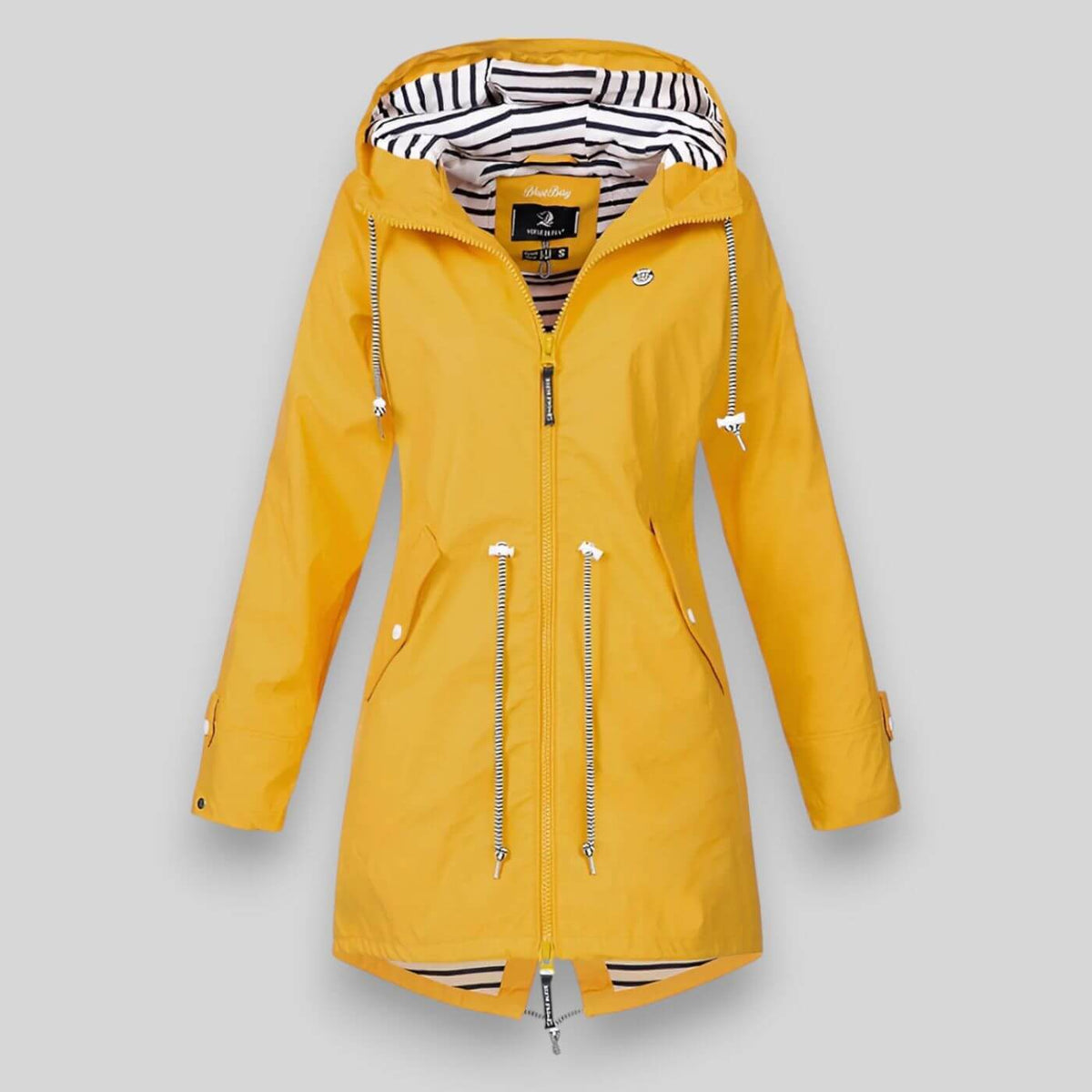 Yellow water-resistant parka with a hooded, drawstring waist, zip pockets, and a navy striped inner lining.