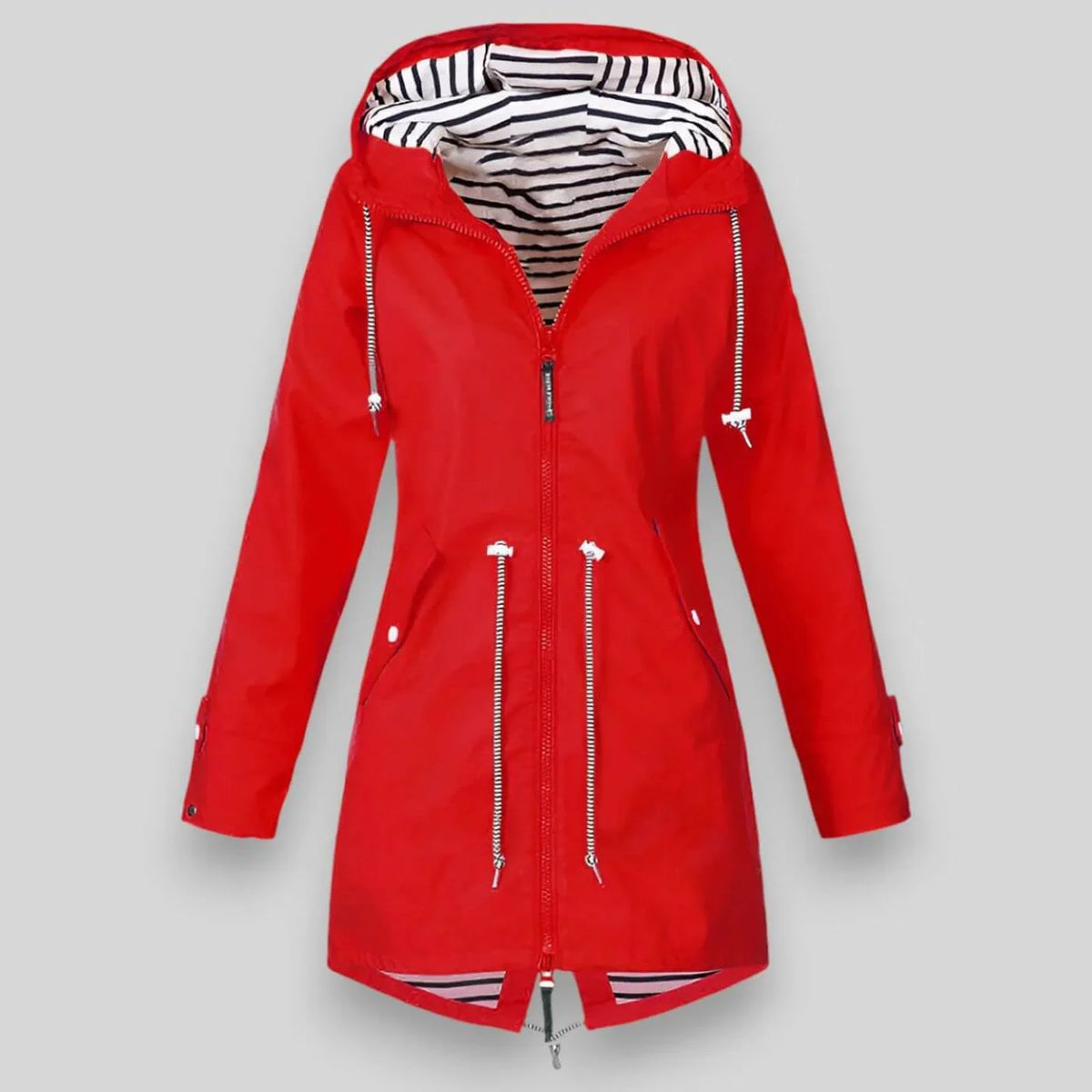 Red water-resistant parka with a hooded, drawstring waist and navy striped lining, featuring a full-length zip closure.