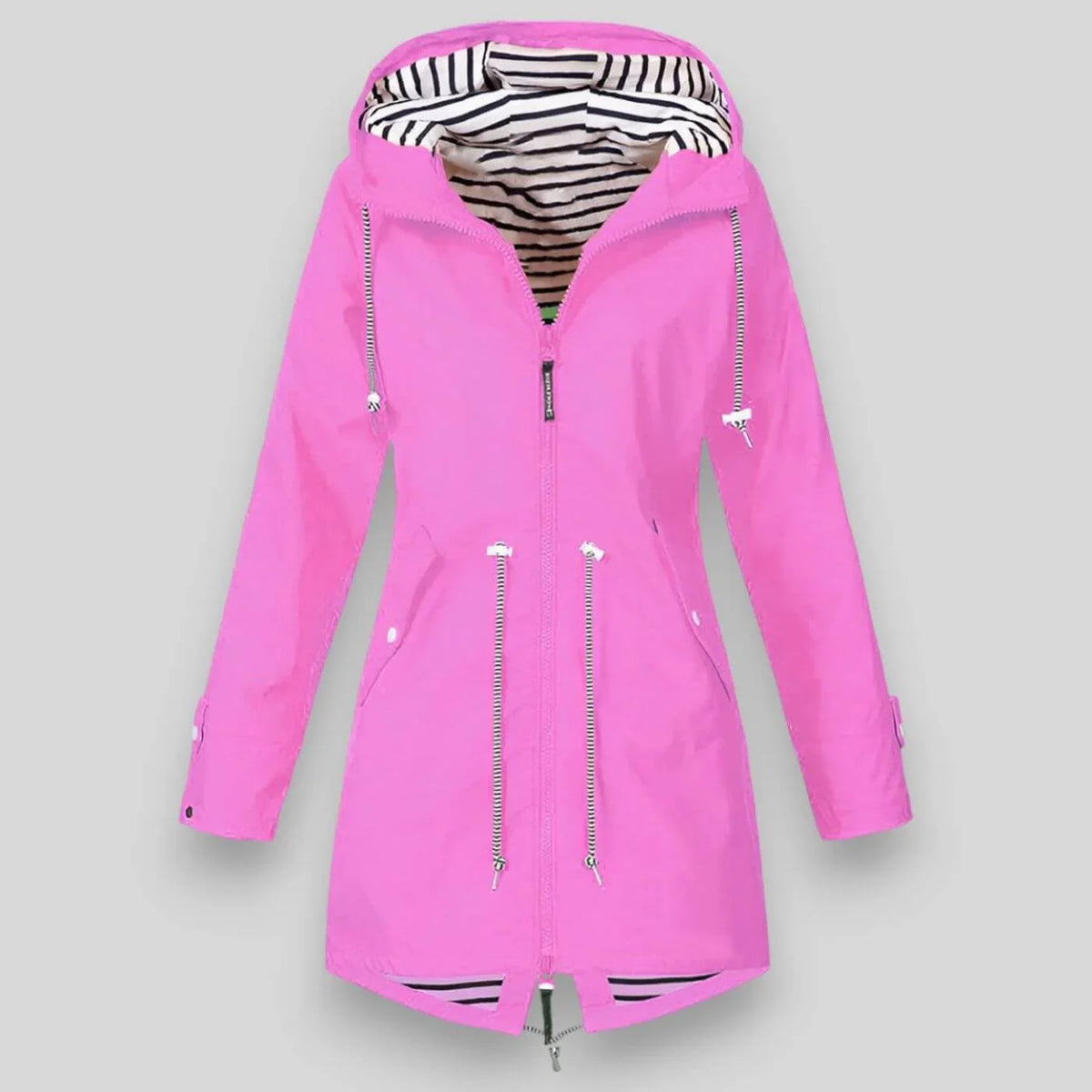 Bright pink water-resistant parka with a striped hood lining, drawstring waist, and zip-front closure.