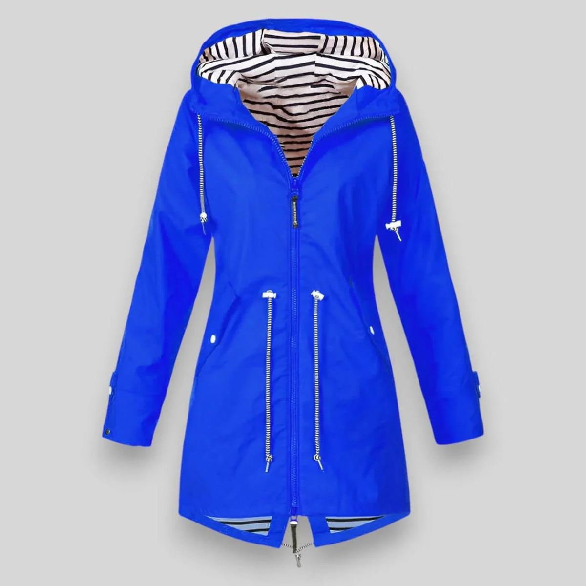 Bright blue water-resistant parka with a striped hood lining, drawstring waist, and zip-front closure.