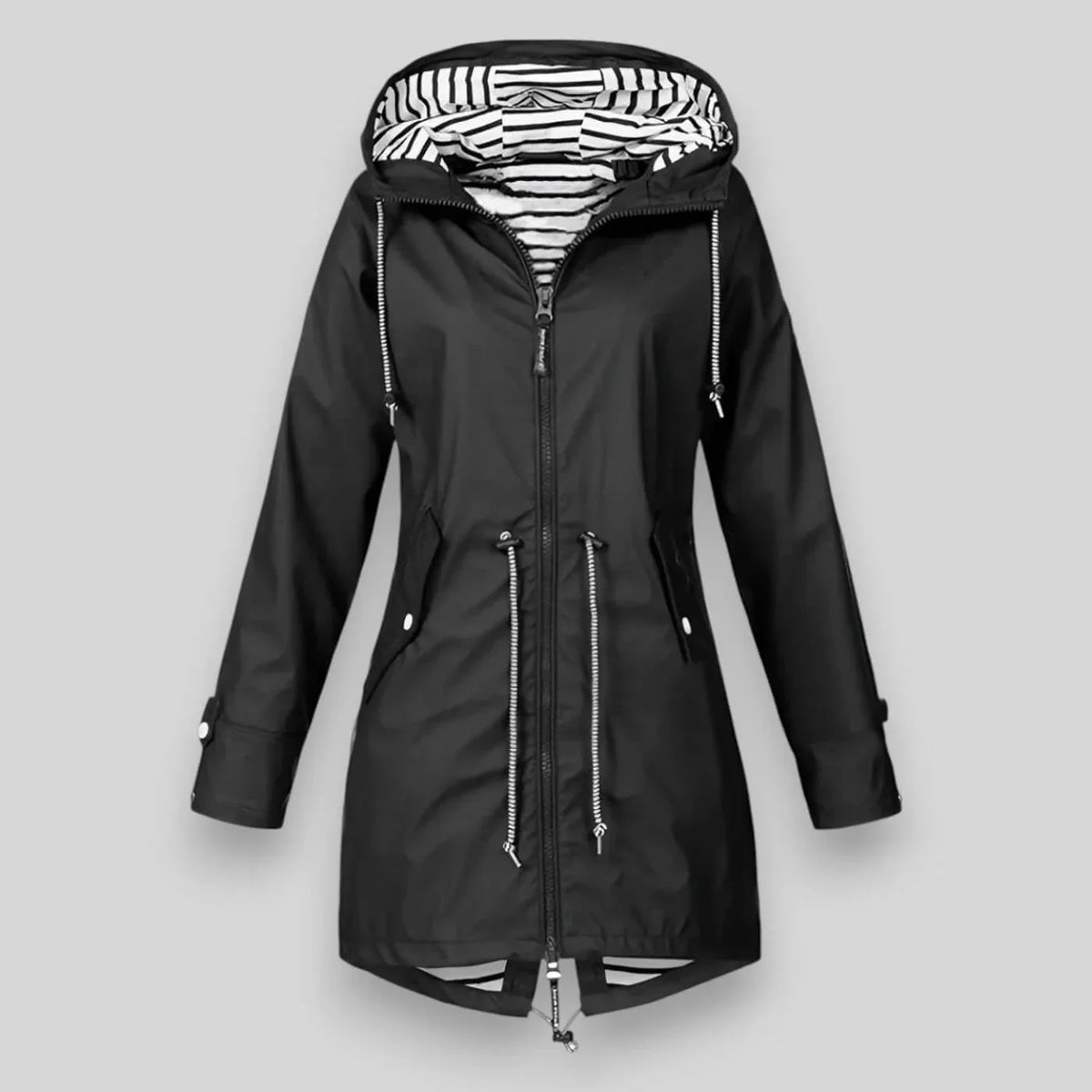 Black water-resistant parka with a hooded, striped lining, drawstring waist, and zip-front closure.