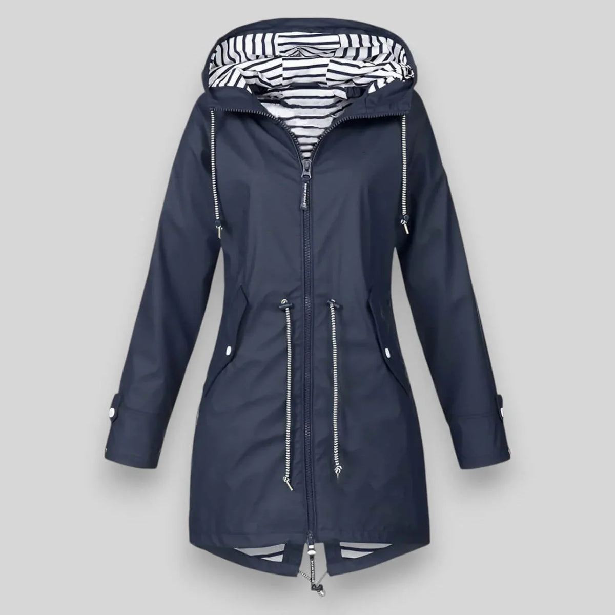 Navy water-resistant parka with a striped hood lining, drawstring waist, and button-tab cuffs on a light grey background.
