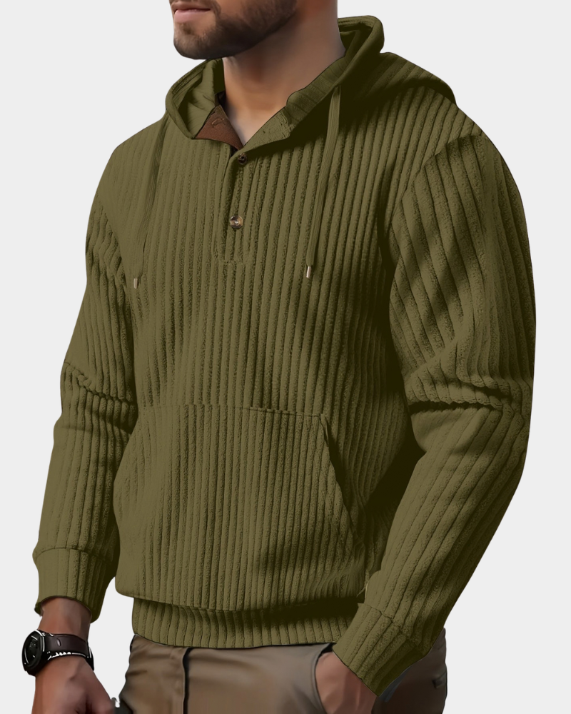 Olive green wide-wale ribbed henley hoodie worn by a male model, shown from the front.