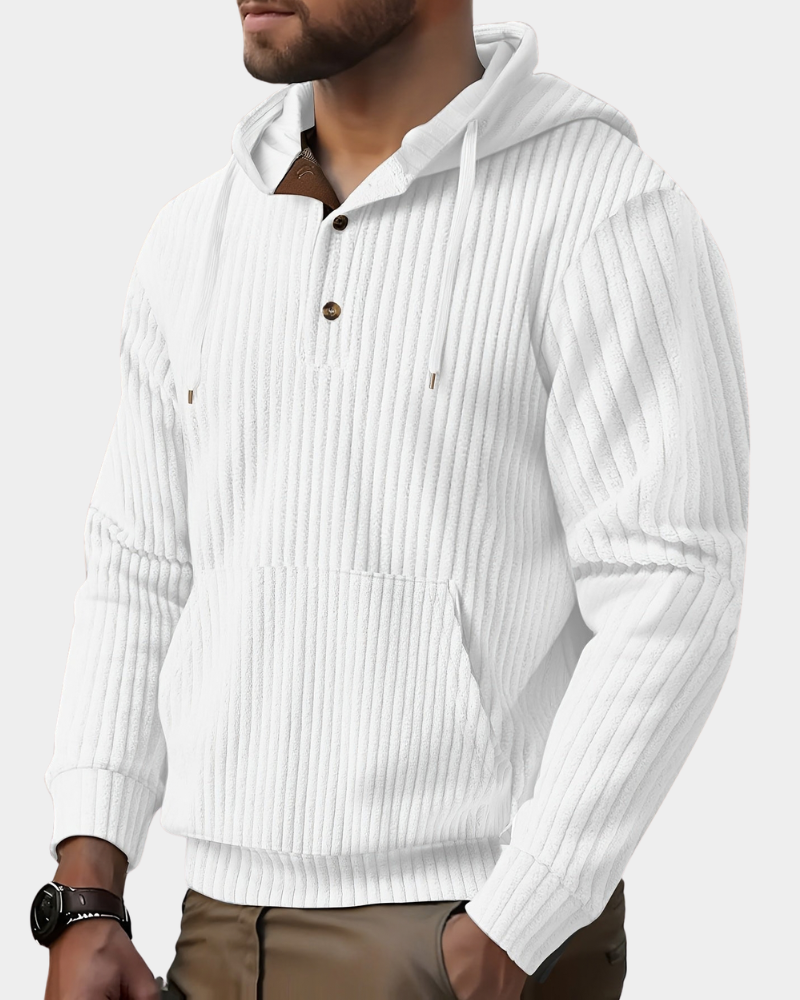 White wide-wale ribbed henley hoodie worn by a male model, shown from the front.