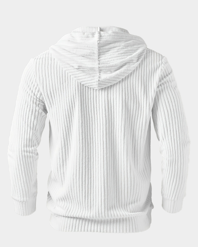 White wide-wale ribbed henley hoodie shown from the back.