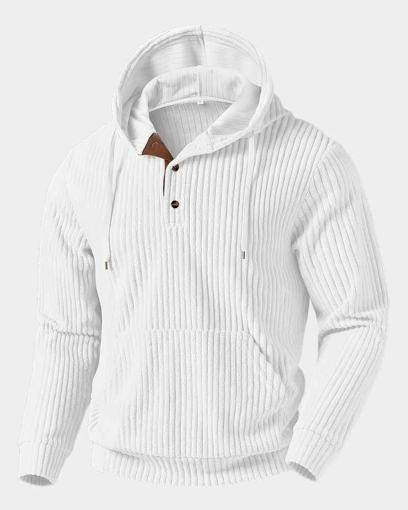 White wide-wale ribbed henley hoodie shown from the front.