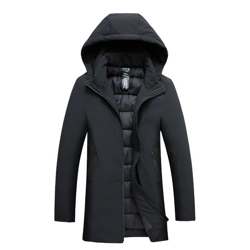 Black wind and water-resistant winter parka with a protective hood, quilted inner lining, and deep side pockets.