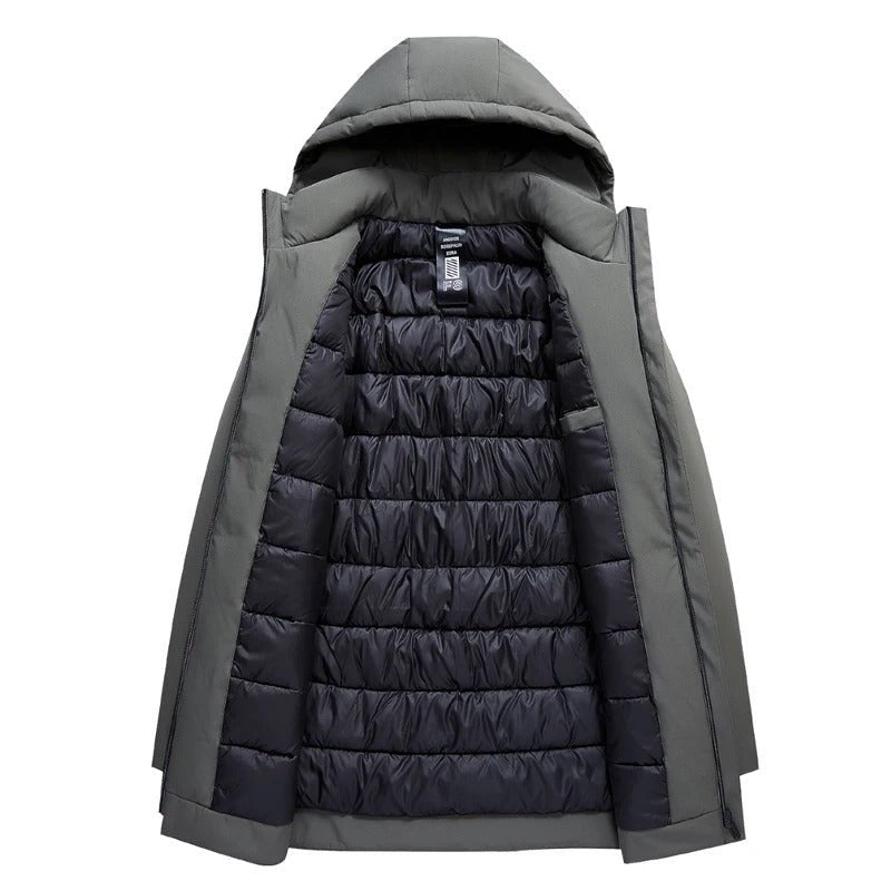 Grey hooded winter parka with a smooth, water-resistant shell and a quilted black insulated interior lining.