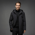 Black wind and water-resistant winter parka with a protective hood, clean silhouette, and deep pockets over a turtleneck.