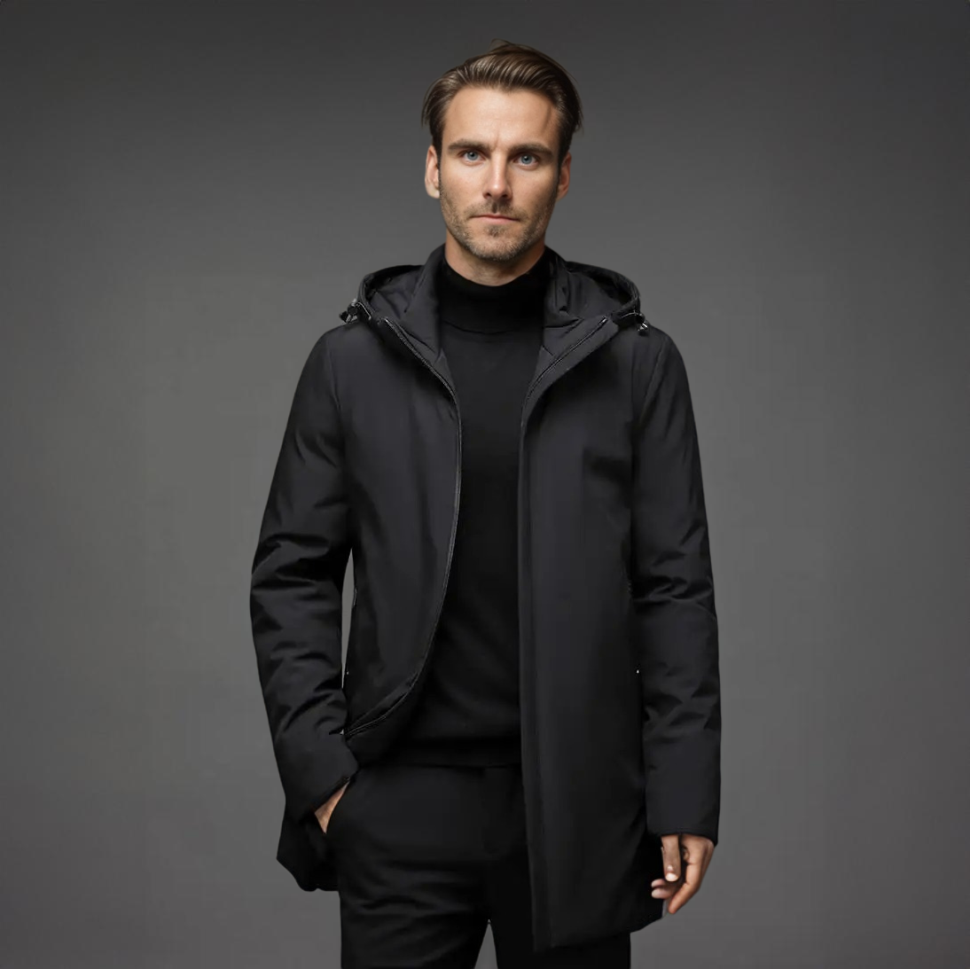 Black wind and water-resistant winter parka with a protective hood, clean silhouette, and deep pockets over a turtleneck.