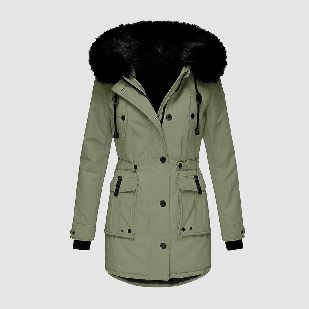 Olive green parka with a plush black faux-fur hood, button-front closure, drawstring waist, and utility patch pockets.