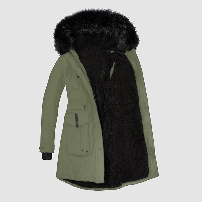 Olive green parka with a plush black faux fur hood, buttoned patch pockets, and a warm, deep-pile fleece lining.