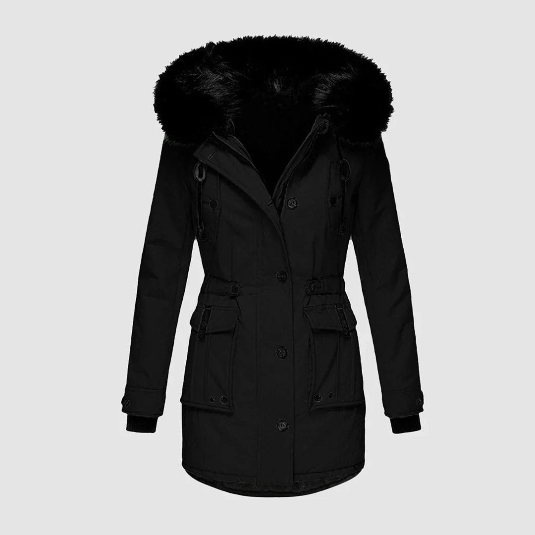 Black winter parka with a plush faux fur-trimmed hood, buttoned front, and a cinched drawstring waist.