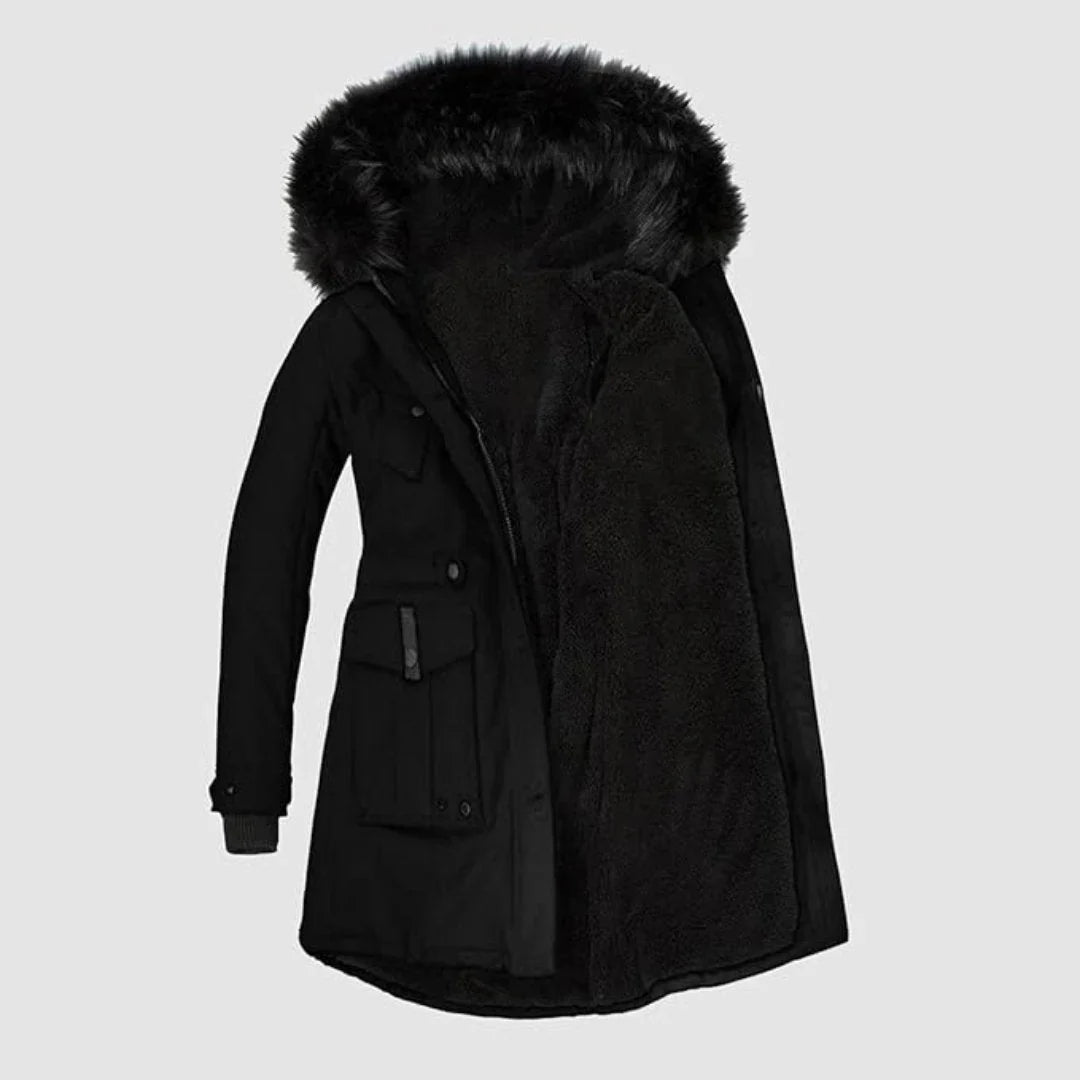 Black hooded parka with plush faux fur trim, buttoned patch pockets, and a soft, warm-lined interior.