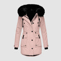 Blush pink winter parka with a plush black faux fur hood, drawstring waist, button-front closure, and patch pockets.