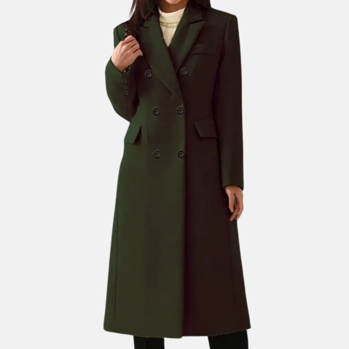 Full-length front view of a woman wearing a dark forest green double-breasted longline wool-blend coat.