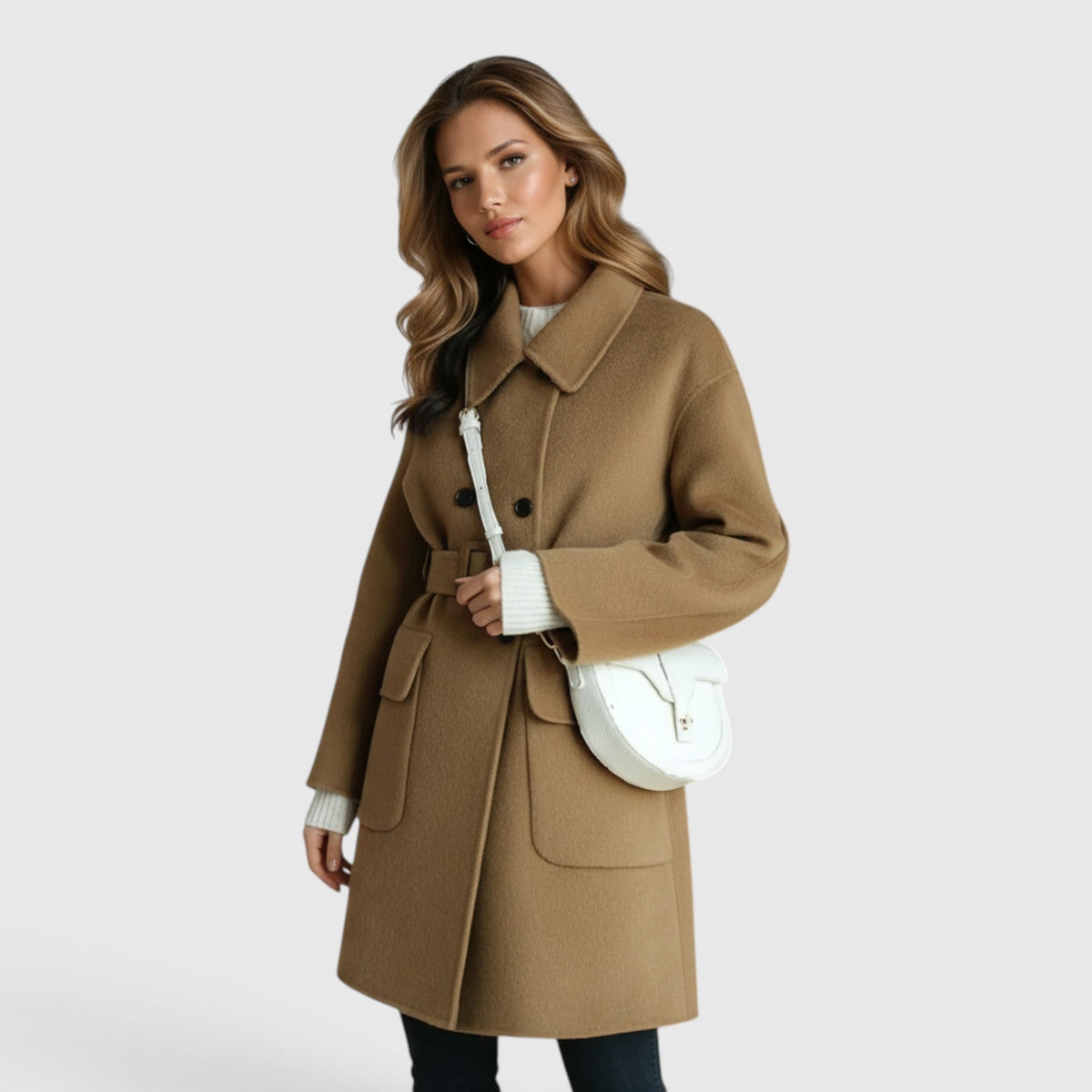 Woman wearing a camel tan knee-length wool-blend double-breasted coat with wide lapels and front flap pockets, carrying a white cross-body bag.