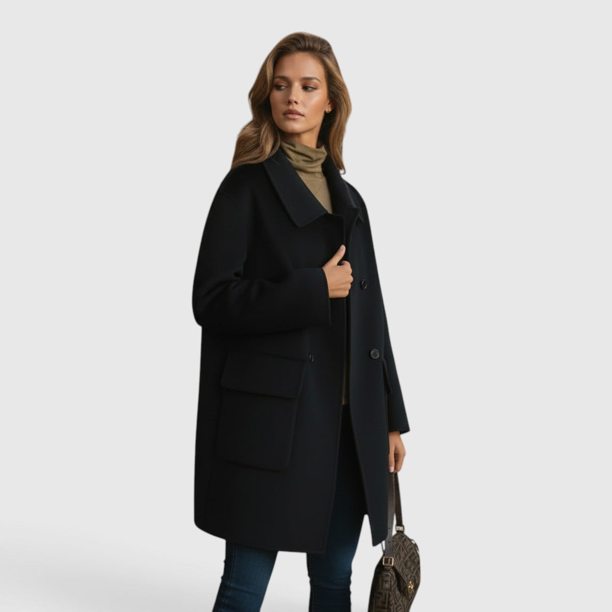 Woman wearing a black knee-length wool-blend coat paired with a brown handbag and turtleneck sweater.