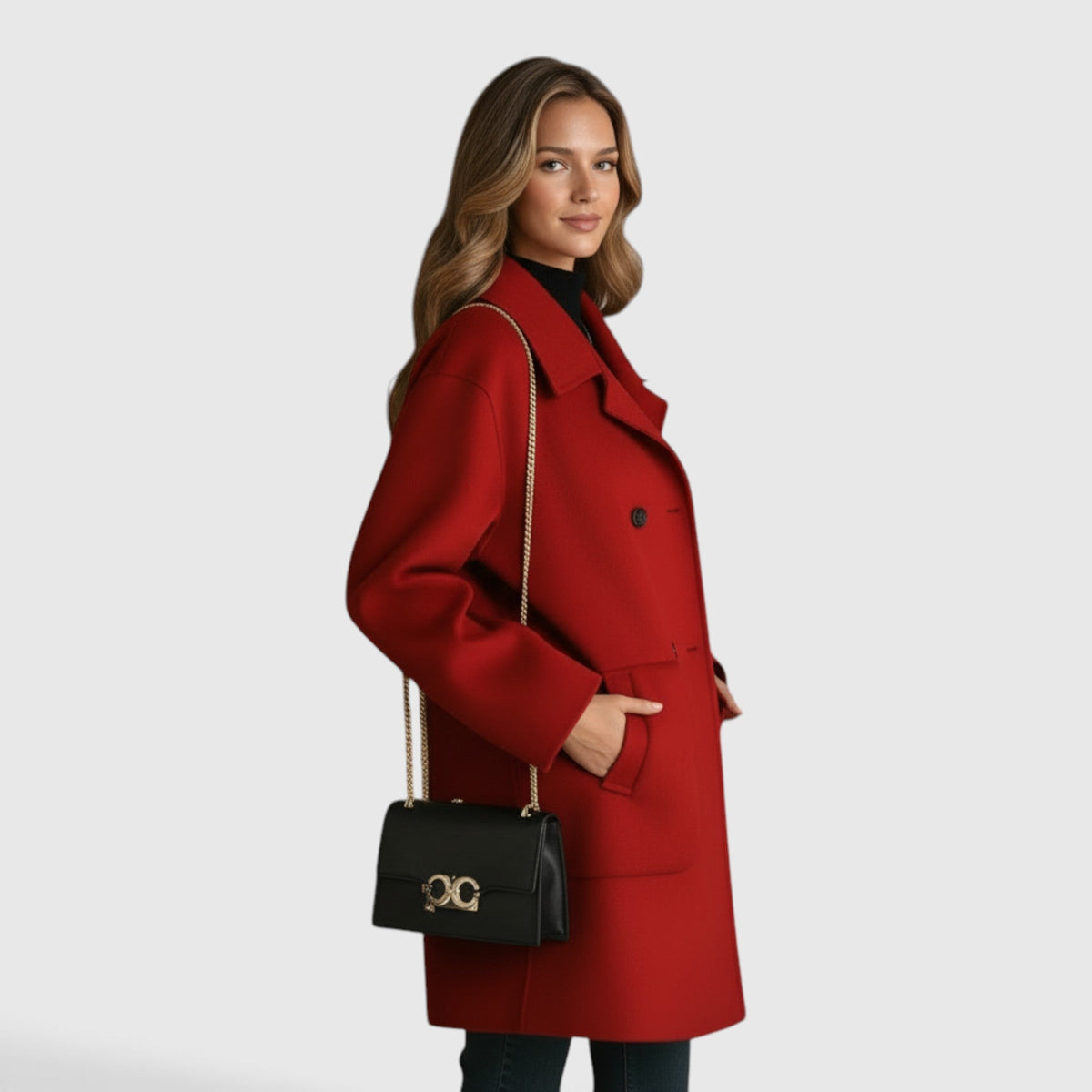 Side view of a woman wearing a vibrant red knee-length double-breasted wool-blend coat paired with a black chain-strap handbag.