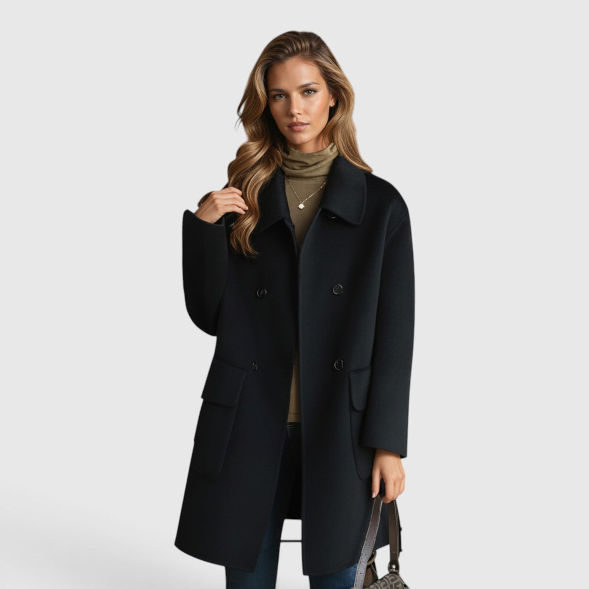 Front view of a woman wearing a tailored black knee-length wool-blend coat layered over an olive green turtleneck sweater.