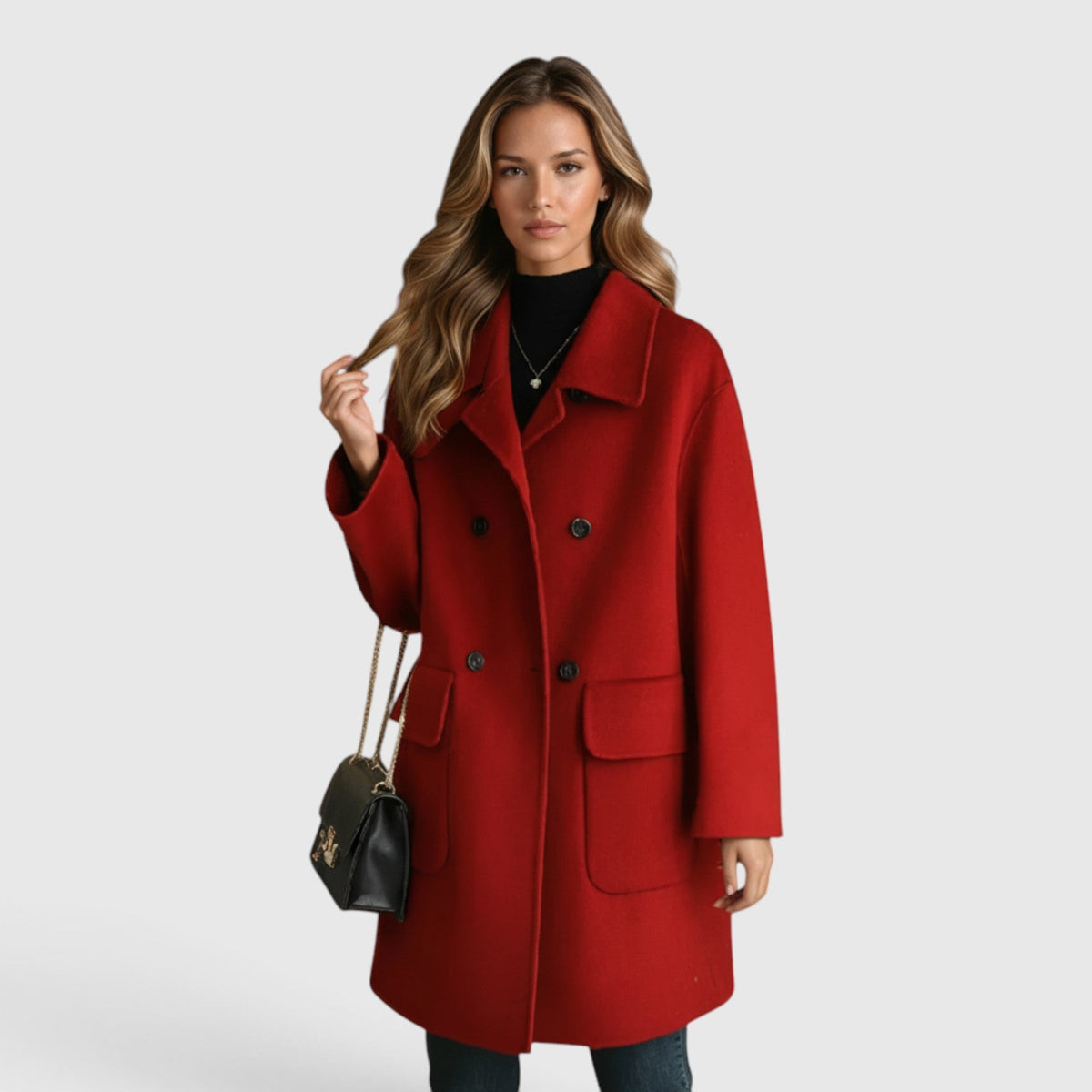 Front view of a woman wearing a bright red knee-length wool-blend coat with dark buttons, styled with a black handbag.