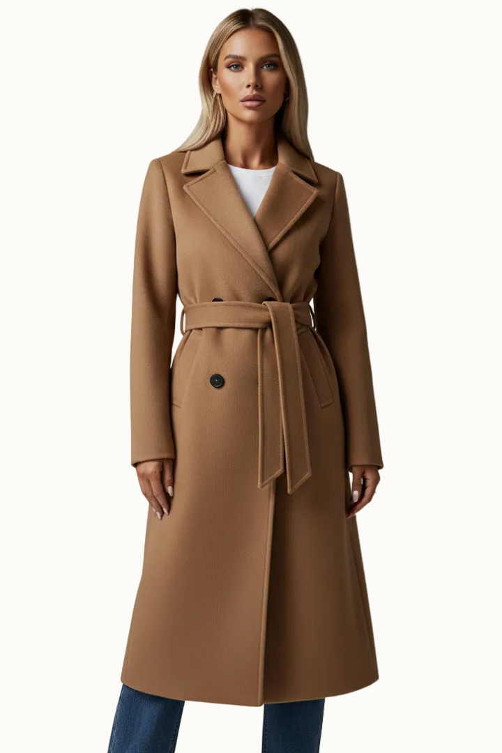 Front view of a woman wearing a camel longline double-breasted wool-style coat tied securely at the waist with a matching fabric belt.