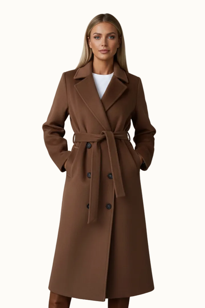 Front view of a woman wearing a warm brown longline double-breasted coat tied at the waist, featuring dark buttons and structured lapels.