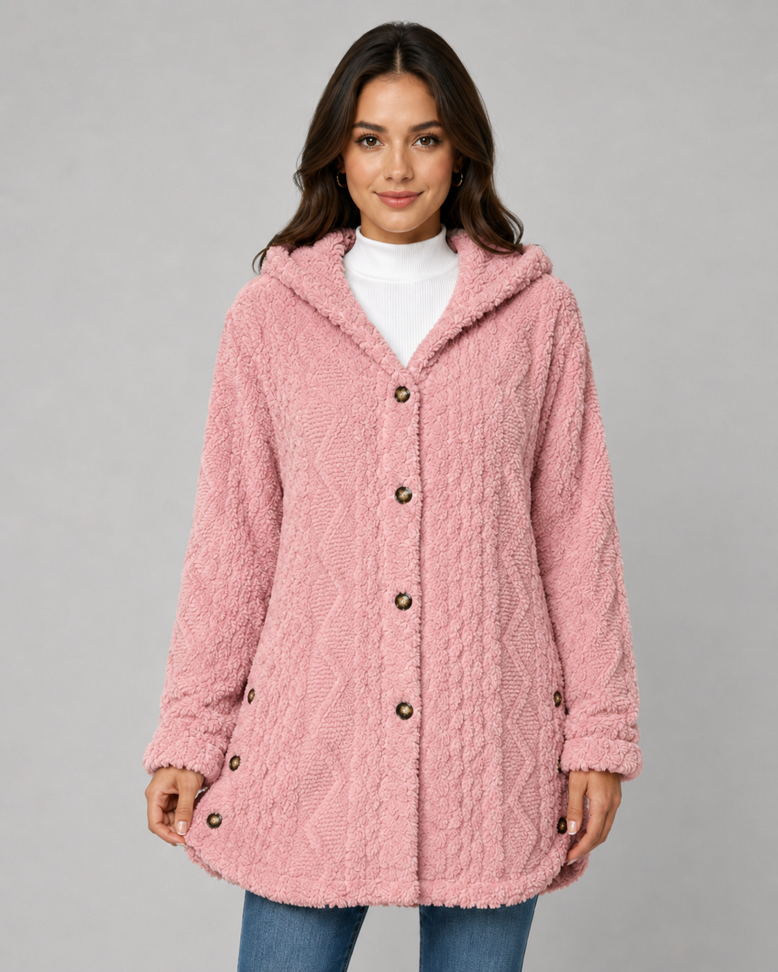 A woman wearing a dusty rose pink longline hooded teddy fleece jacket with front buttons and cable-knit texture details over blue jeans.