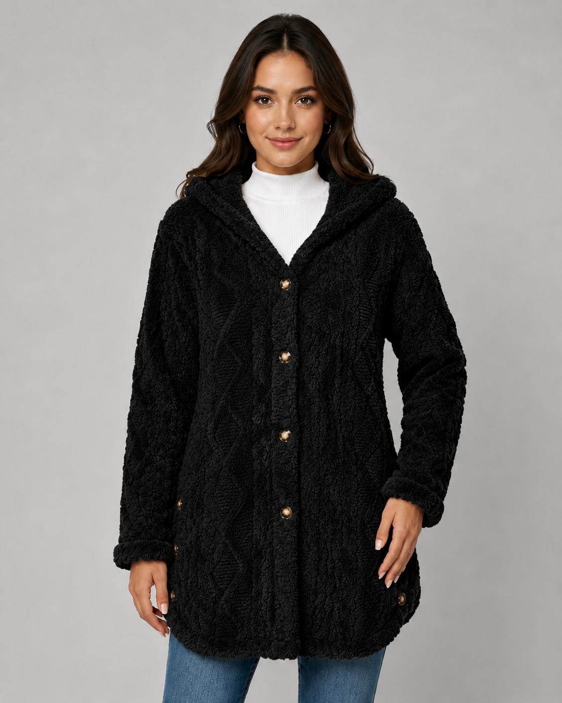 A woman wearing a black longline cable-textured hooded teddy fleece jacket with button closures, styled over a white top and blue jeans.