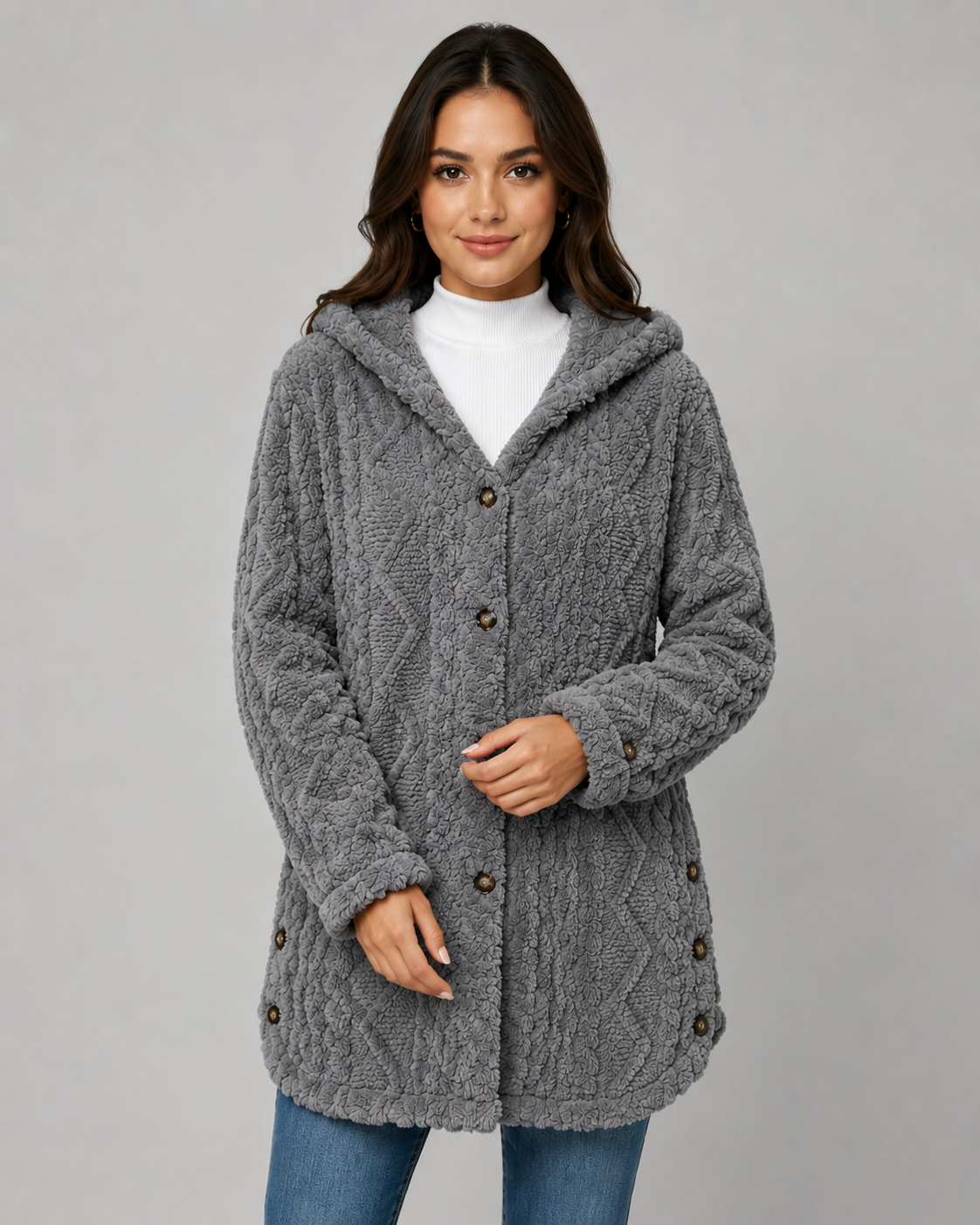 A woman wearing a gray longline hooded teddy fleece jacket featuring an embossed cable pattern and button front closure over jeans.