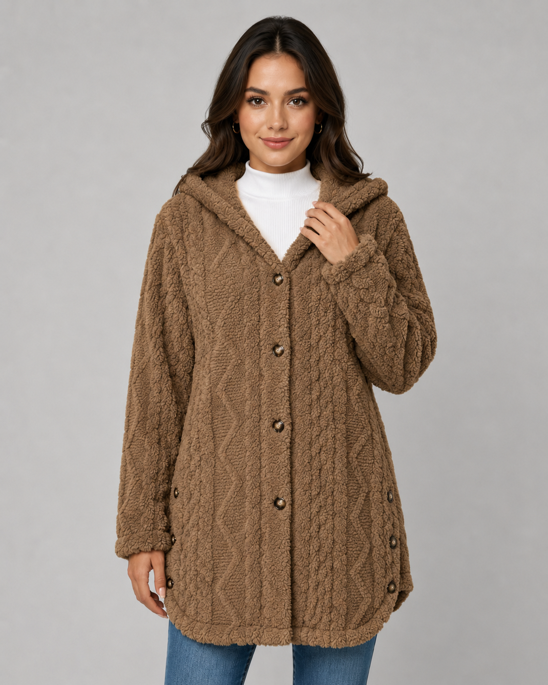  A woman wearing a warm brown cable-knit textured longline hooded teddy fleece jacket with button front detailing and blue jeans.   