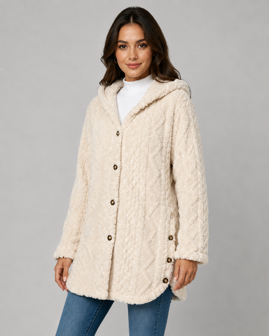 A woman wearing a cream longline hooded cable-textured teddy fleece jacket with brown front buttons and side-hem button details, paired with blue jeans.