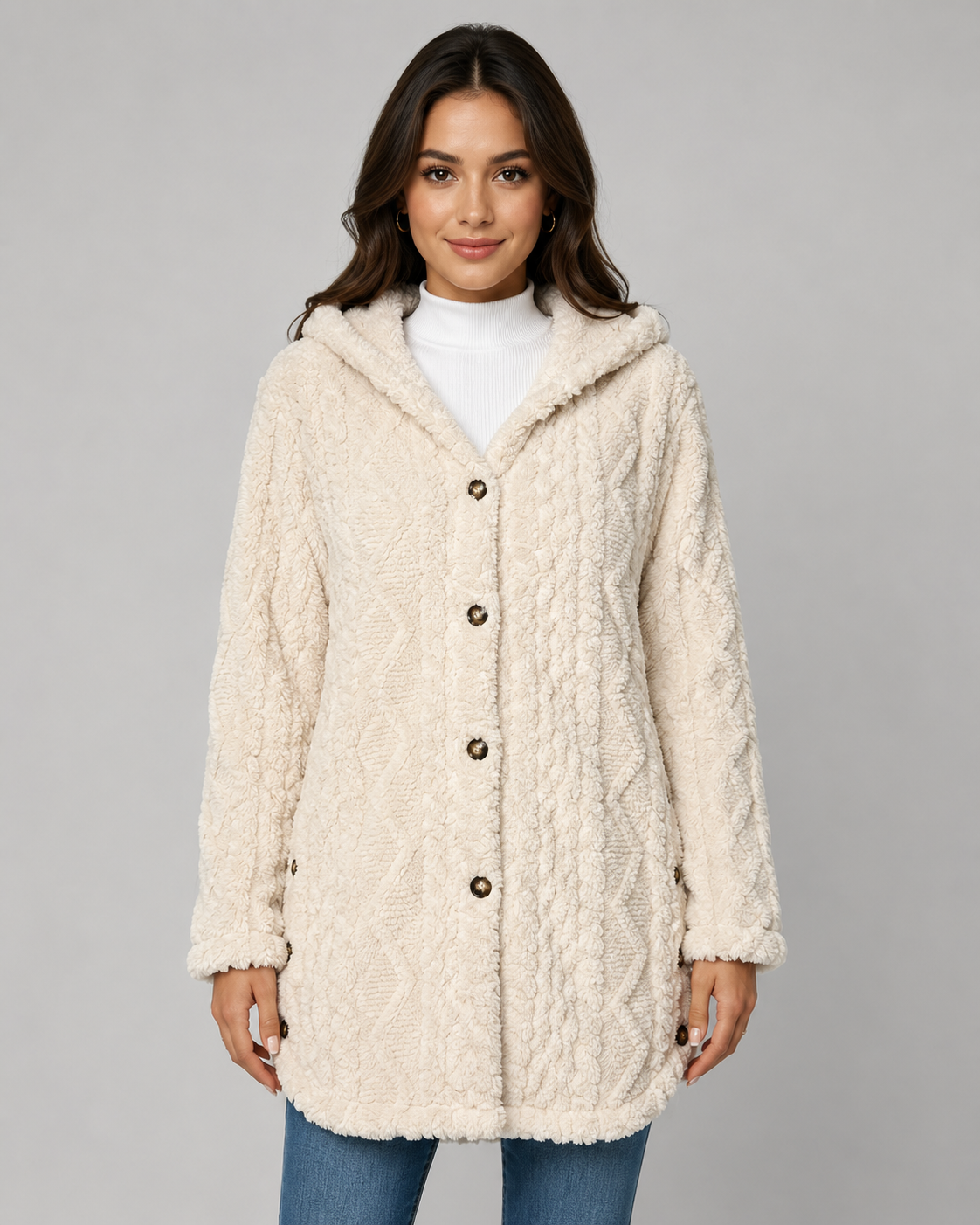 A woman smiling while wearing a cream-colored longline hooded teddy fleece jacket with an embossed cable-texture pattern, button-front closure, side-slit button accents, and a curved hem, styled over a white turtleneck and blue jeans.
