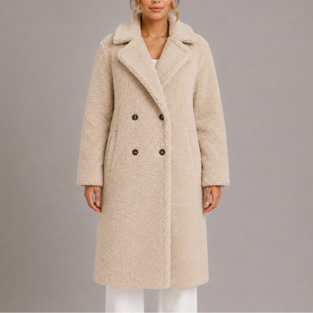 Front view of a woman wearing a cream beige longline faux-fur teddy coat buttoned up with double-breasted closure and wide notch lapels.
